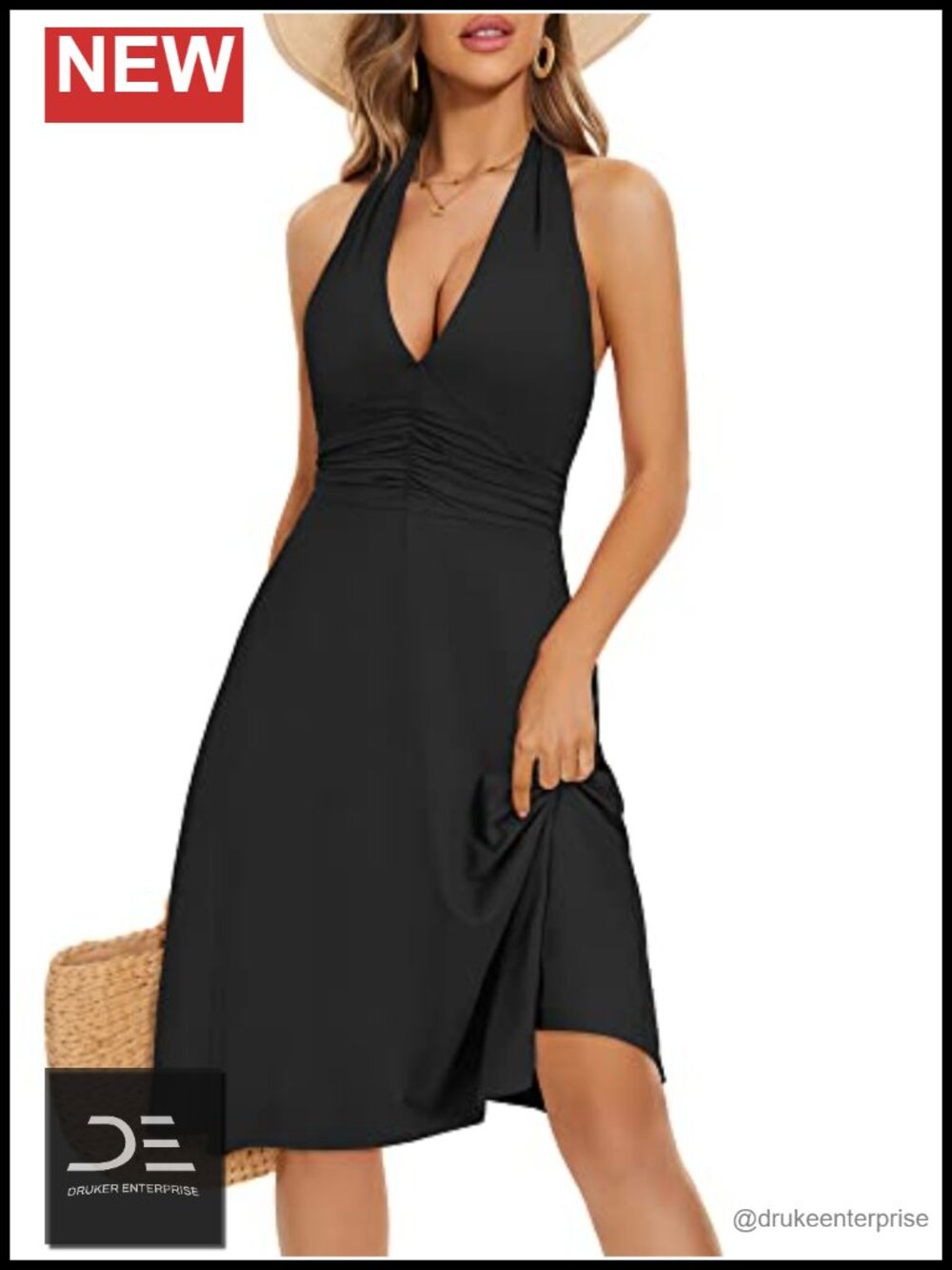 Sleeveless Halter Neck Floral Mini Sundress with Pocket Elastic Waist Ruffle